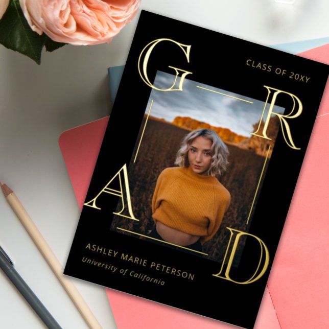 Modern Letters Grad Black Gold Photo Graduation (Creator Uploaded)