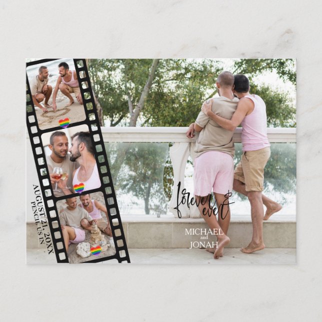 Modern LGBTQ 4 PHOTO Filmstrip Save the Date Postcard (Front)