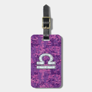 Modern Libra Zodiac Symbol on Fuchsia Digital Camo Luggage Tag