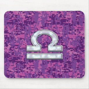 Modern Libra Zodiac Symbol on Fuchsia Digital Camo Mouse Pad