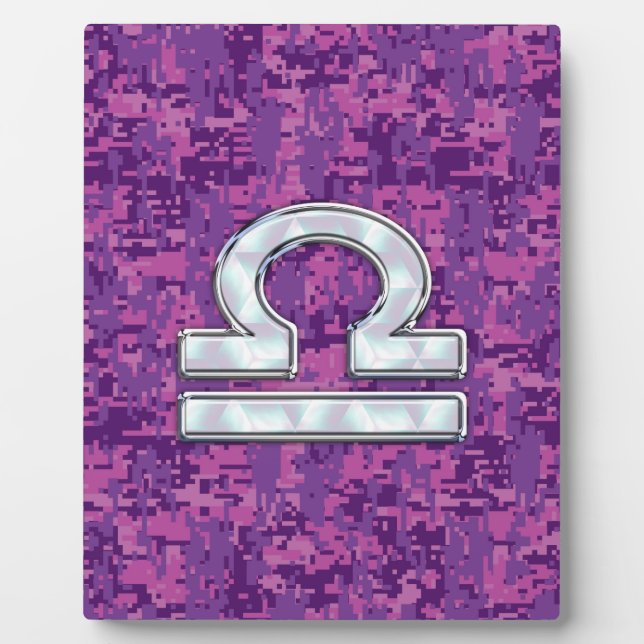 Modern Libra Zodiac Symbol on Fuchsia Digital Camo Plaque (Front)