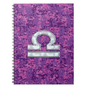 Modern Libra Zodiac Symbol on Fuchsia Digital Camo Spiral Notebook