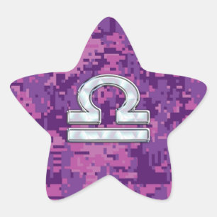 Modern Libra Zodiac Symbol on Fuchsia Digital Camo Star Sticker