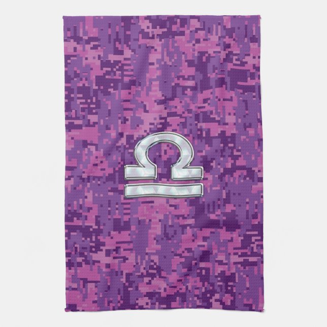 Modern Libra Zodiac Symbol on Fuchsia Digital Camo Tea Towel (Vertical)