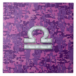 Modern Libra Zodiac Symbol on Fuchsia Digital Camo Tile