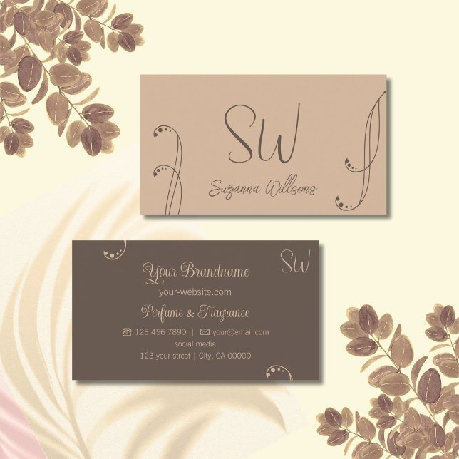 Modern Light and Dark Brown Ornate with Monogram Business Card (Creator Uploaded)