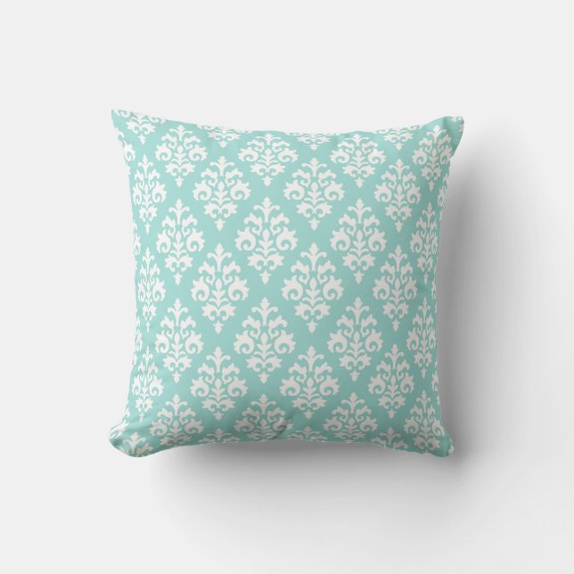 Modern Light Aqua and White Damask Throw Pillow (Front)
