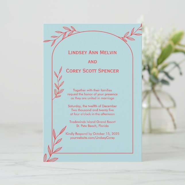 Modern Light Blue and Coral Leaf Wedding Invitation (Standing Front)