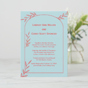 Modern Light Blue and Coral Leaf Wedding Invitation