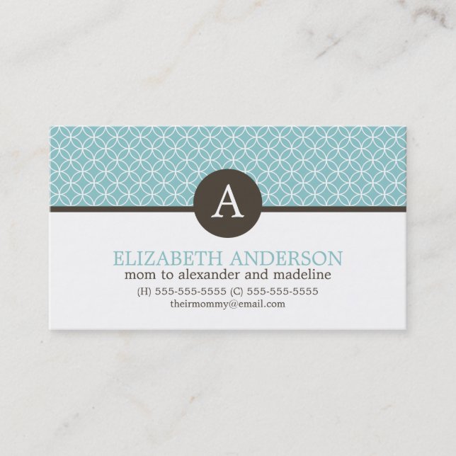 Modern Light Blue Circles Pattern Monogram Calling Card (Front)