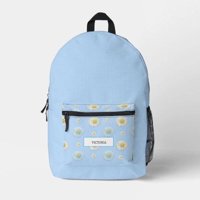 Modern Light Blue & Daisy Meadow Personalised Printed Backpack (Front)
