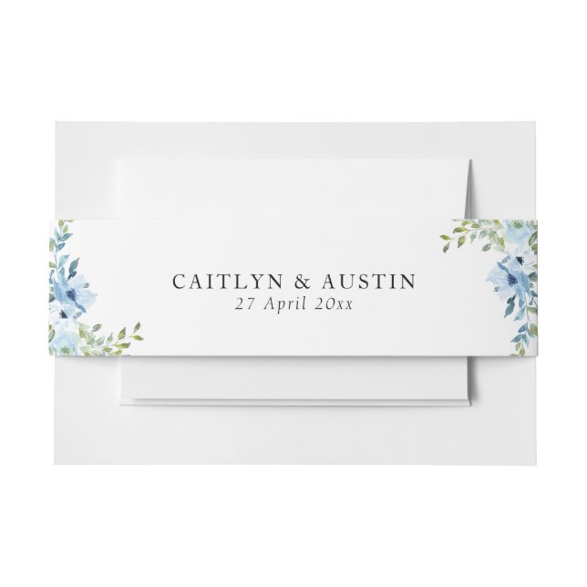 Modern light blue floral wedding belly band invitation belly band (Front Example)