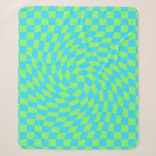 Modern Light Blue & Green Warped Checkered Pattern Sherpa Blanket