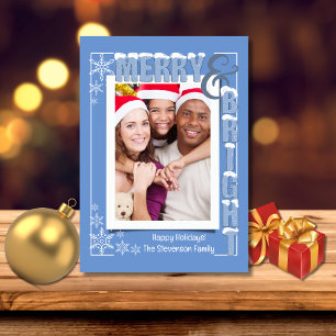 Modern Light Blue Merry & Bright Retro Typography Holiday Card