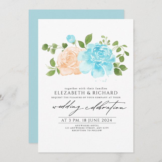 Modern Light Blue Peach  Floral Bouquet  Wedding  Invitation (Front/Back)