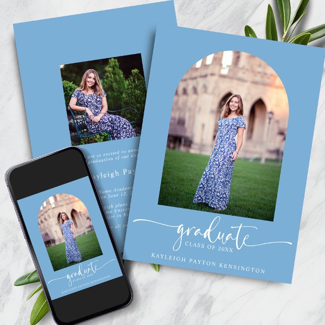 Modern Light Blue Script Graduation Arch Photo Announcement (Modern Light Blue Script Graduation Arch Photo Announcement with Instant Downloac)