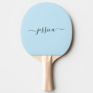 Modern light blue script name ping pong paddle