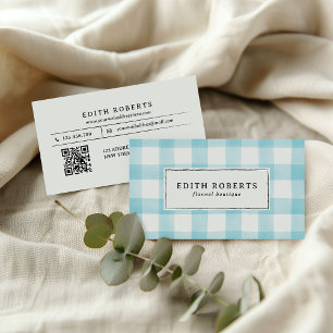 Modern Light Blue Watercolor Buffalo Plaid QR CODE Business Card