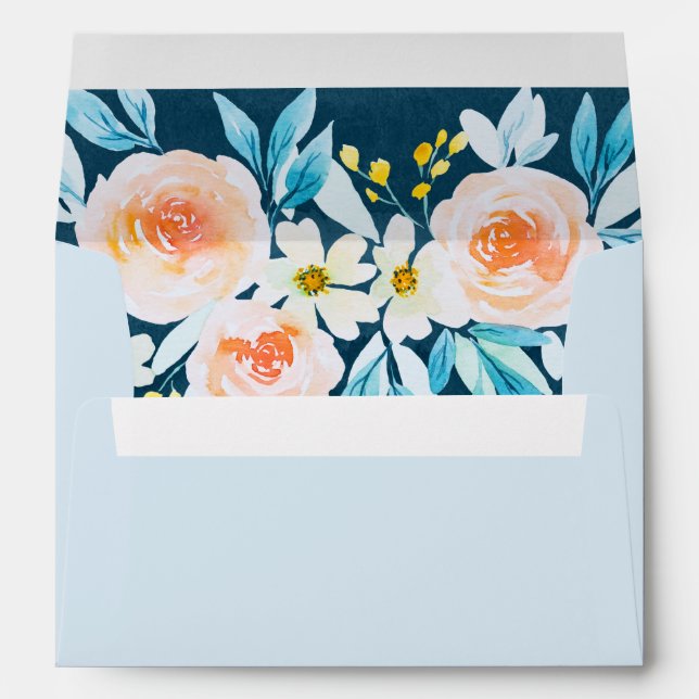 Modern Light Blue Watercolor Floral Wedding Envelope (Back (Bottom))