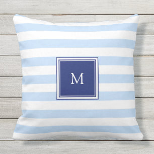 Modern light blue  white stripes pattern monogram cushion