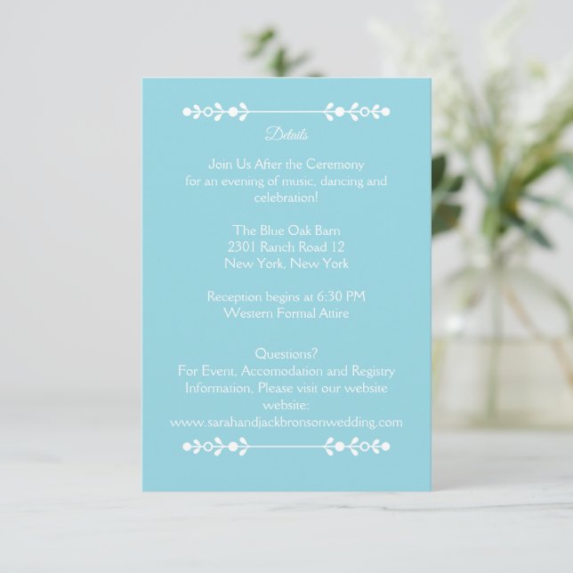 Modern Light Blue & White Wedding Details Card (Standing Front)