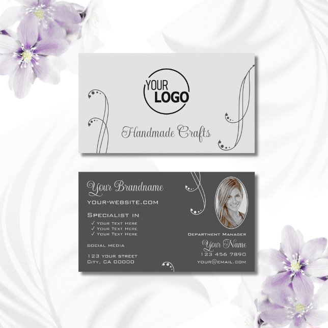 Modern Light Dark Grey Ornate with Logo and Photo Business Card (Creator Uploaded)