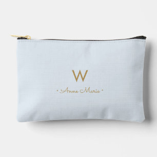 Modern Light Dusty Blue Gold Script Monogram Accessory Pouch
