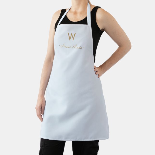 Modern Light Dusty Blue Gold Script Monogram Apron (Insitu)