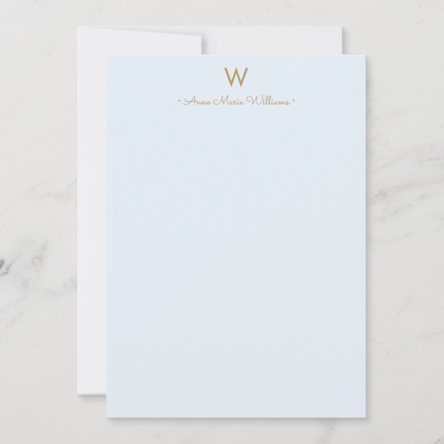Modern Light Dusty Blue Gold Script Monogram Card (Front)