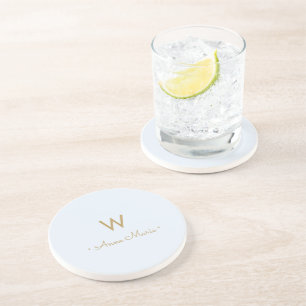 Modern Light Dusty Blue Gold Script Monogram Coaster