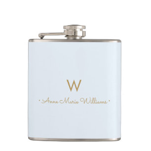 Modern Light Dusty Blue Gold Script Monogram Hip Flask
