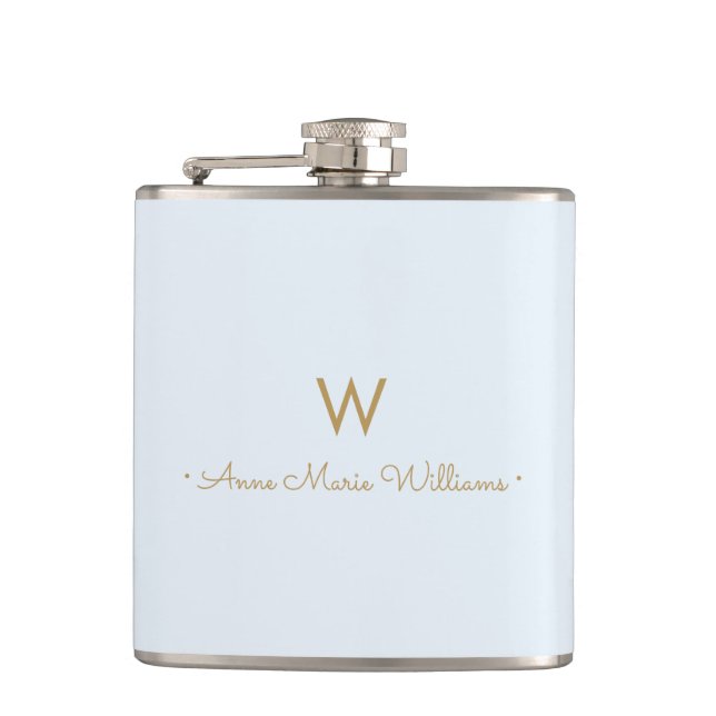 Modern Light Dusty Blue Gold Script Monogram Hip Flask (Front)