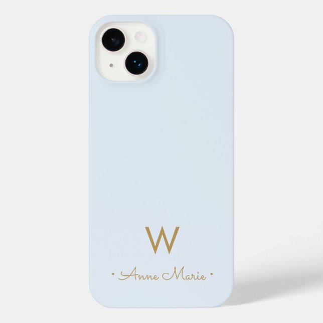 Modern Light Dusty Blue Gold Script Monogram iPhone Case (Back)