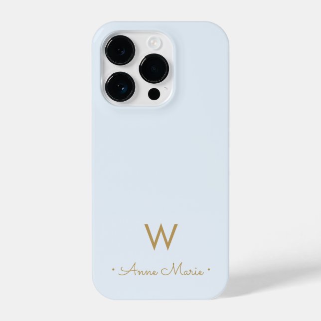 Modern Light Dusty Blue Gold Script Monogram iPhone Case (Back)