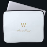 Modern Light Dusty Blue Gold Script Monogram Laptop Sleeve<br><div class="desc">A modern,  elegant monogram design with gold handwritten minimalist script typography and sans serif block typography on an elegant pale pastel Light Dusty Blue background. The monogram and name can be easily personalised.</div>