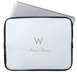 Modern Light Dusty Blue Gold Script Monogram Laptop Sleeve