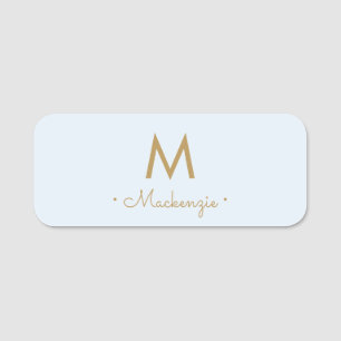 Modern Light Dusty Blue Gold Script Monogram Name Tag