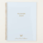 Modern Light Dusty Blue Gold Script Monogram Planner<br><div class="desc">Modern Light Dusty Blue Gold Script Monogram Planner. A modern,  elegant monogram design with gold handwritten minimalist script typography and sans serif block typography on an elegant pale pastel Light Dusty Blue background. The monogram and name can be easily personalised.</div>