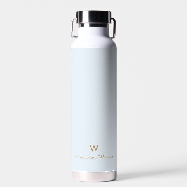 Modern Light Dusty Blue Gold Script Monogram Water Bottle (Front)