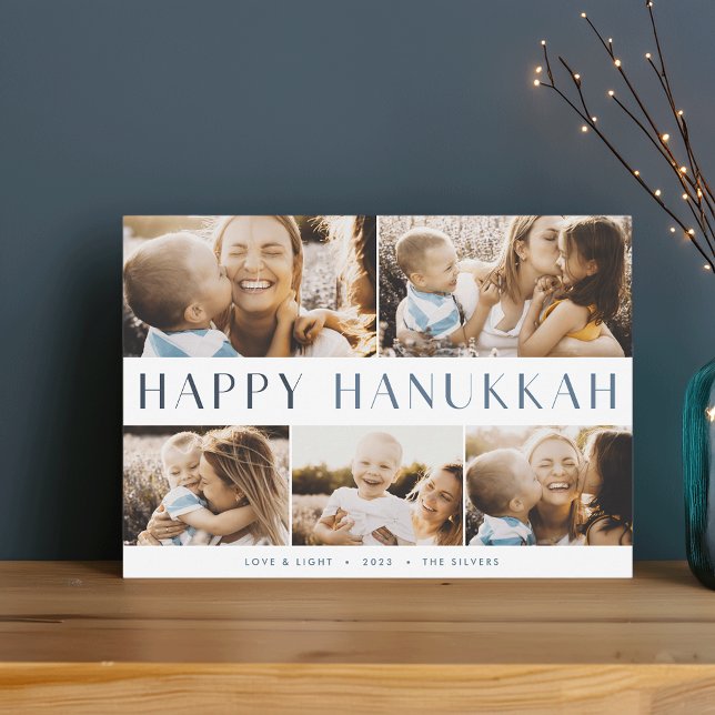 Modern Light | Elegant Hanukkah 5 Photo Collage Holiday Card (Creator Uploaded)