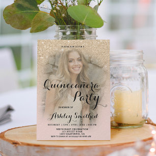Modern light gold glitter ombre photo Quinceañera Invitation