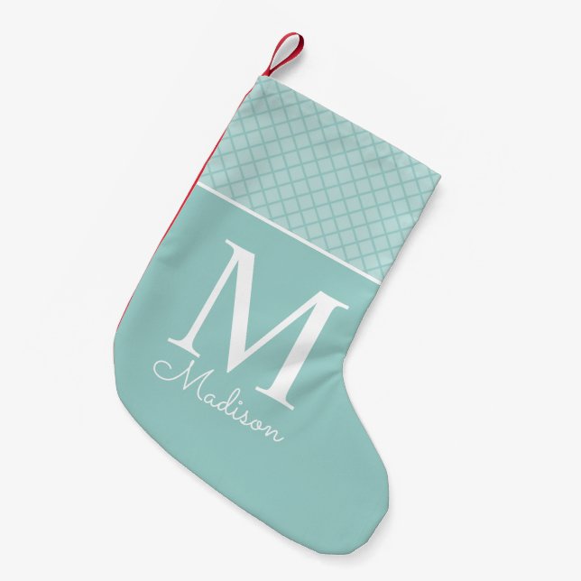 Modern light green chequered pattern name monogram small christmas stocking (Front (Hanging))
