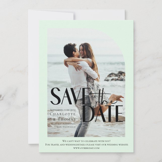 Modern, Light Green Photo-Save the Date Invitation (Front)