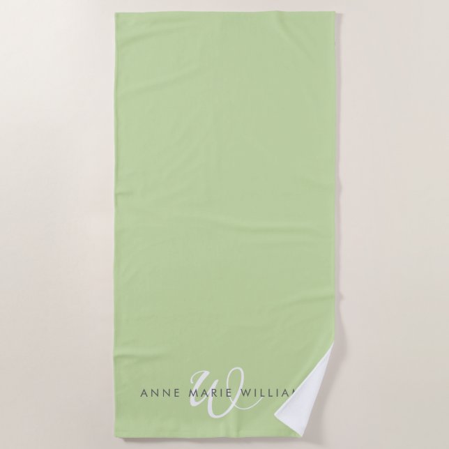 Modern Light Green White Script Monogram Beach Towel (Front)