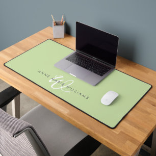 Modern Light Green White Script Monogram Desk Mat