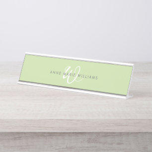 Modern Light Green White Script Monogram Desk Name Plate