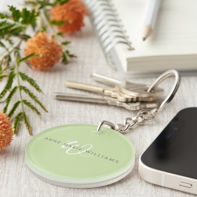 Modern Light Green White Script Monogram Key Ring (Front Right)