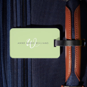 Modern Light Green White Script Monogram Luggage Tag