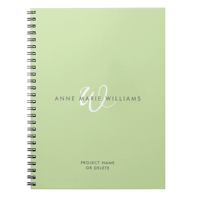 Modern Light Green White Script Monogram Notebook (Front)