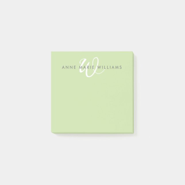 Modern Light Green White Script Monogram Post-it Notes (Front)